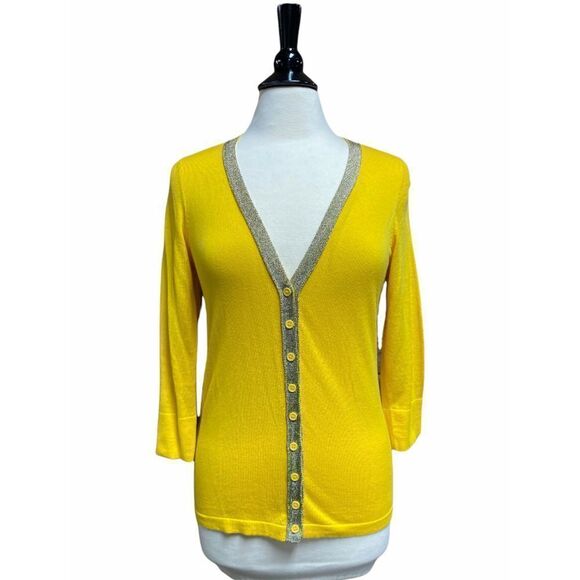 The Limited Mustard & Gold Shimmer 3/4 Sleeve Cardigan Size Medium NWT - Picture 1 of 6